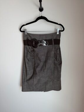 Classic Gray Pencil Skirt with Belt